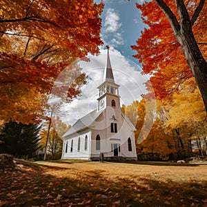 lifestyle photo new england old church surrounded by fall colors