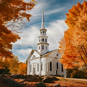 lifestyle photo new england old church surrounded by fall colors