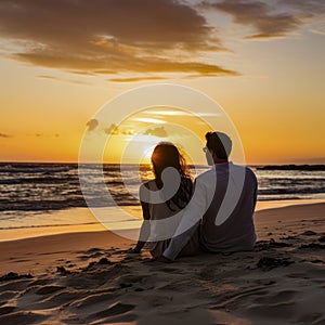 lifestyle photo romantic man and woman sit on beach at sunset