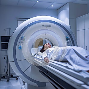 lifestyle photo Woman is lying down at CT scanner bed. Female is moving into MRI scanner capsule.
