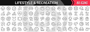 Lifestyle and recreation linear icons in black. Big UI icons collection in a flat design. Thin outline signs pack. Big set of