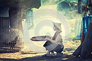 Lifestyle of rural Asian women in the field countryside thailand