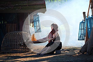 Lifestyle of rural Asian women in the field countryside thailand