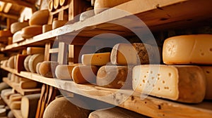 Lifestyle shot of wooden shelf filled with different kind of cheese heads, cheddar, mozzarella, gouda, roquefort, brie