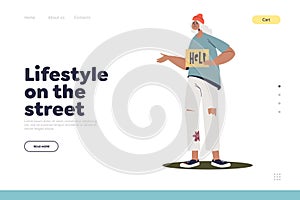 Lifestyle on street concept of landing page with poor homeless woman begging money