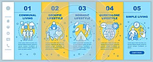 Lifestyle types onboarding mobile web pages vector template. Communal, groupie. Responsive smartphone website interface