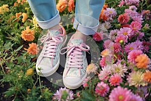 woman spring grass white fashion casual lifestyle sneakers female flowers green. Generative AI.