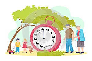 Lifetime concept, old person and young children generation, vector illustration. Age cycle at huge life timer, adult man