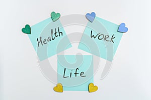 Lifework and health balance concept. Stickers with life, work and balance text with tiny colorful hearts