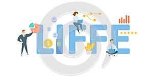 LIFFE, London International Financial Futures and Options Exchange. Concept with keyword, people and icons. Flat vector