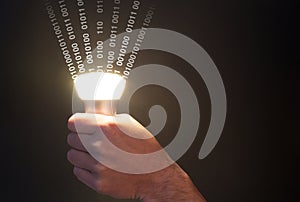 Lifi concept with bulb emitting data and hand