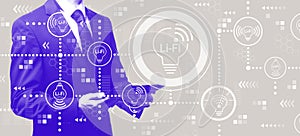 LiFi theme with businessman holding a tablet