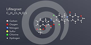 lifitegrast molecule 3d rendering, flat molecular structure with chemical formula and atoms color coding photo