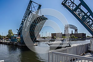 Lift bridge in Duluth harbor letting a boat out