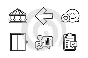 Lift, Dating and Seo statistics icons set. Carousels, Left arrow and Checklist signs. Elevator, Love messenger. Vector