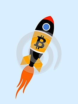 Lift-off of space rocket with symbol of Bitcoin. photo