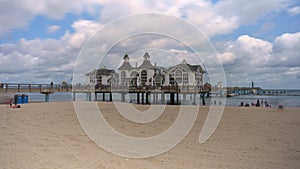 Lift Sellin Pier Ruegen on Summer Day - View from Soft Sand Beach of Clouds And People