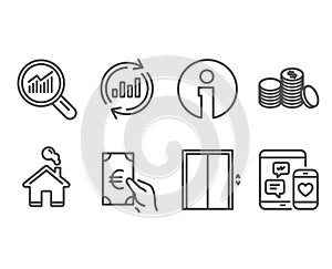 Lift, Update data and Banking money icons. Data analysis, Finance and Social media signs.