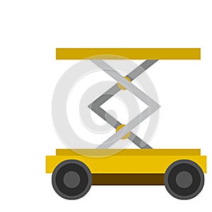 Lift on wheels. Warehouse cart. Storage element. Yellow mechanism. Cartoon flat illustration