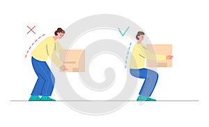 Lifting the box right and wrong, vector flat illustration on a white background.