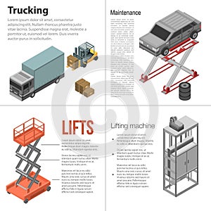 Lifting machine banner set, isometric style