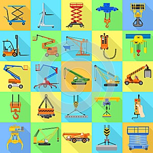 Lifting machine icon set, flat style