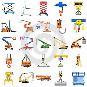 Lifting machine icon set, flat style