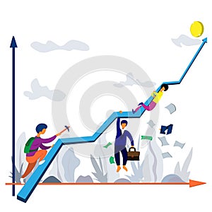 Lifting people along the success curve, ups and downs. Success chart and people. Illustration on a business theme.