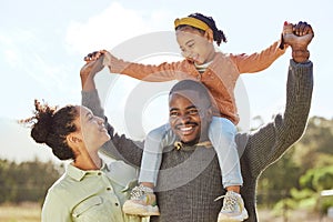 Lifting, smile and fun happy family play, bond or enjoy outdoor quality time together. Love, summer freedom or excited