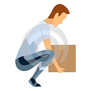 Lifting technique safe movement. Safety. Correct instruction for moving heavy packages for workers. Ergonomic movement