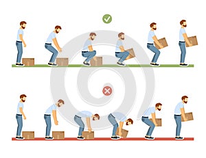 lifting technique. safety moving and load heavy objects body ergonomic positions. Vector cartoon infographic templates