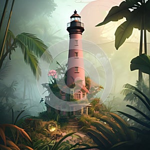 Lighhouse surrounded by trees - AI generated image
