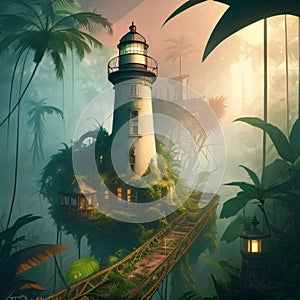Lighhouse surrounded by trees - AI generated image