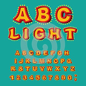 Light ABC. Retro Alphabet with lamps. Glowing letters. font pointer with shine bulb. Vintage Glittering lights lettering