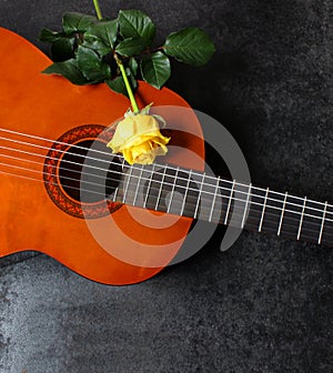 Light acoustic guitar and yellow rose. Beautiful romantic background