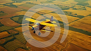 A light aircraft flies high in the sky over the fields