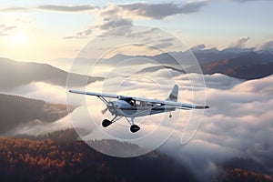 Light aircraft with propeller in flight, generated by AI