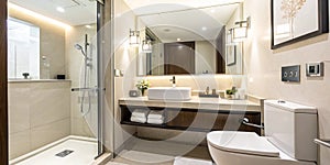 Interior of light kitchen with red fridge, white counters and dining table