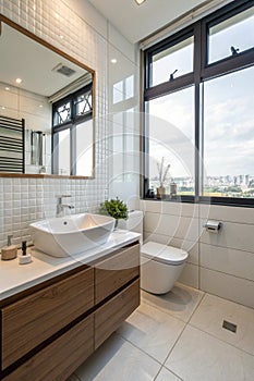 Interior of light kitchen with red fridge, white counters and dining table
