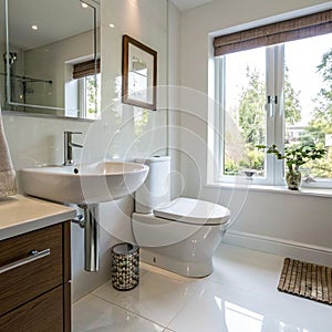 Interior of light kitchen with red fridge, white counters and dining table