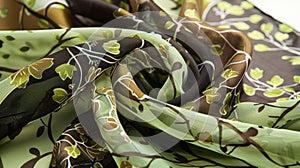 A light and airy scarf in shades of green and brown featuring a playful print of intertwining branches and vines.