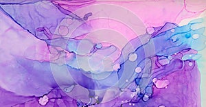 Light alcohol ink painted sky blue, pink and purple color abstract background. Bright watercolor texture effect for invitations