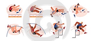 Light athletics vector isolated set, cartoon sports men and women engaged in high and long jump, steeplechase pole vault