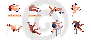 Light athletics vector isolated set, cartoon sports men and women participate in high long jump, steeplechase pole vault