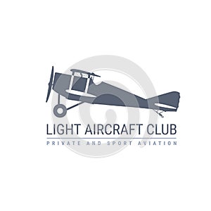 Light aviation emblem with retro airplane, biplane side view, propeller aircraft logo, vector