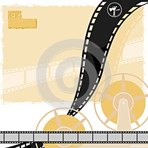 Light background with a reel of film, movie camera and reels