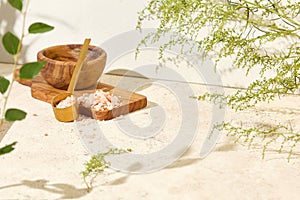 Light background with spa elements and green leaves. Spa mockup with wooden board and sea salt. Eco cosmetics backdrop. Nature