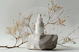 On a light background, a white dropper bottle is placed on a gray stone podium. Generative AI.