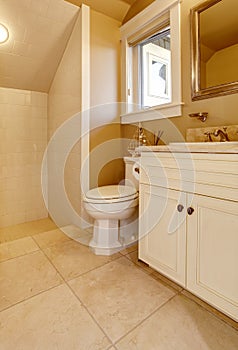 Light bathroom interior design with white old cabinet, toilet