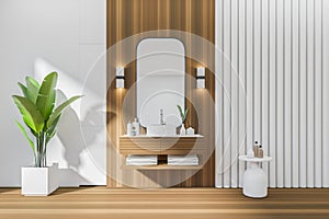 Light bathroom interior with sink and deck, accessories and plant